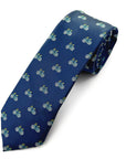 Navy polyester slim tie with a repeating detailed bicycle pattern, perfect for cycling enthusiasts and formal wear.