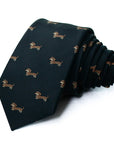 Dachshund Dog Pattern Tie featuring brown dachshund motifs on a black polyester fabric necktie.