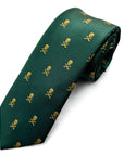 Green polyester tie with gold skull and crossbones pattern on forest green background, wrinkle-resistant and textured fabric.