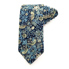 Strawberry Thief Indigo Liberty Tana Lawn cotton tie, William Morris bird-and-strawberry print on an indigo ground.