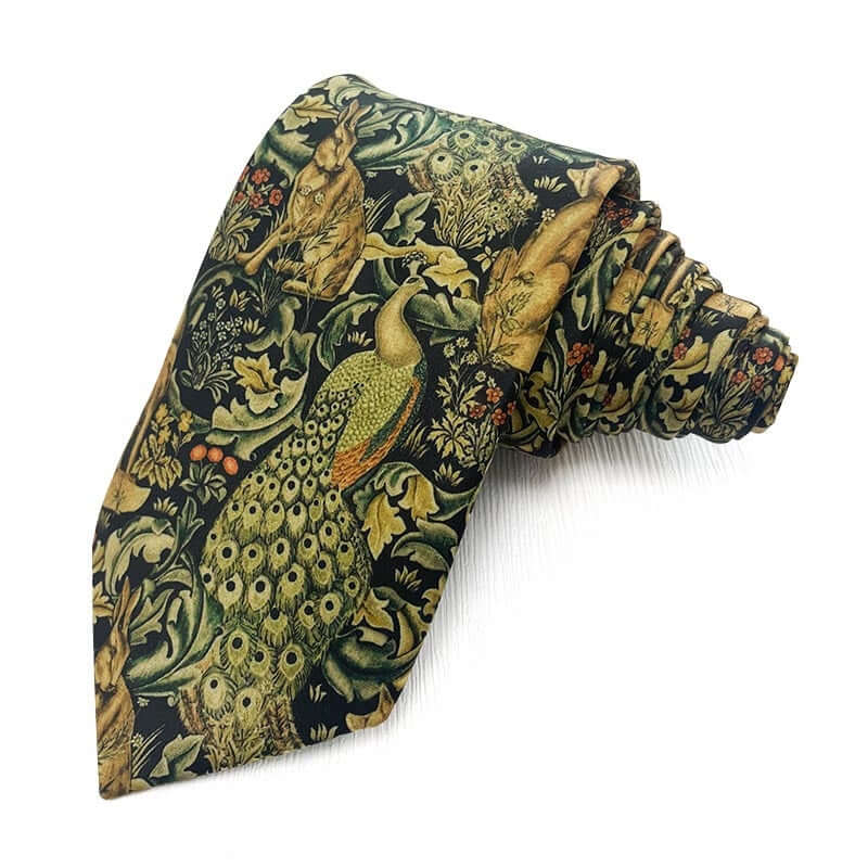Regal Peacock Green Polyester Tie showcasing vibrant peacock and lush greenery design, perfect for luxury style.