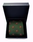 Ascot Green - Polyester Tie featuring embroidered jockeys on green satin, presented in a black gift box.