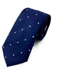 Classic navy polka dot men's silk tie in pure mulberry silk, perfect for formal and smart-casual occasions.