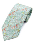 Golden Lily Sage men's tie featuring floral motifs in soft greens, blues, reds, and golden accents for a sophisticated look.