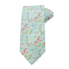 Golden Lily Sage men's tie featuring a botanical pattern in soft sage green, blues, reds, and golds.