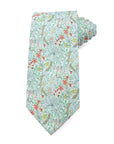 Golden Lily Sage men's tie featuring a botanical pattern in soft sage green, blues, reds, and golds.