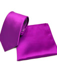 "Fuchsia Solid Satin Polyester Tie and Pocket Square Set for formal occasions"