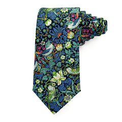 Strawberry Thief Blue Liberty Tana Lawn cotton tie, William Morris bird-and-strawberry print on a blue ground.