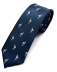 Navy polyester tie with embroidered flamingo pattern, perfect for adding fun and elegance to formalwear.