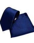 Navy Blue Solid Satin Polyester Tie and Pocket Square Set for Formal Event