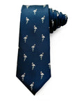 Navy polyester tie with woven white flamingo pattern, perfect for adding a fun yet sophisticated touch to formalwear.