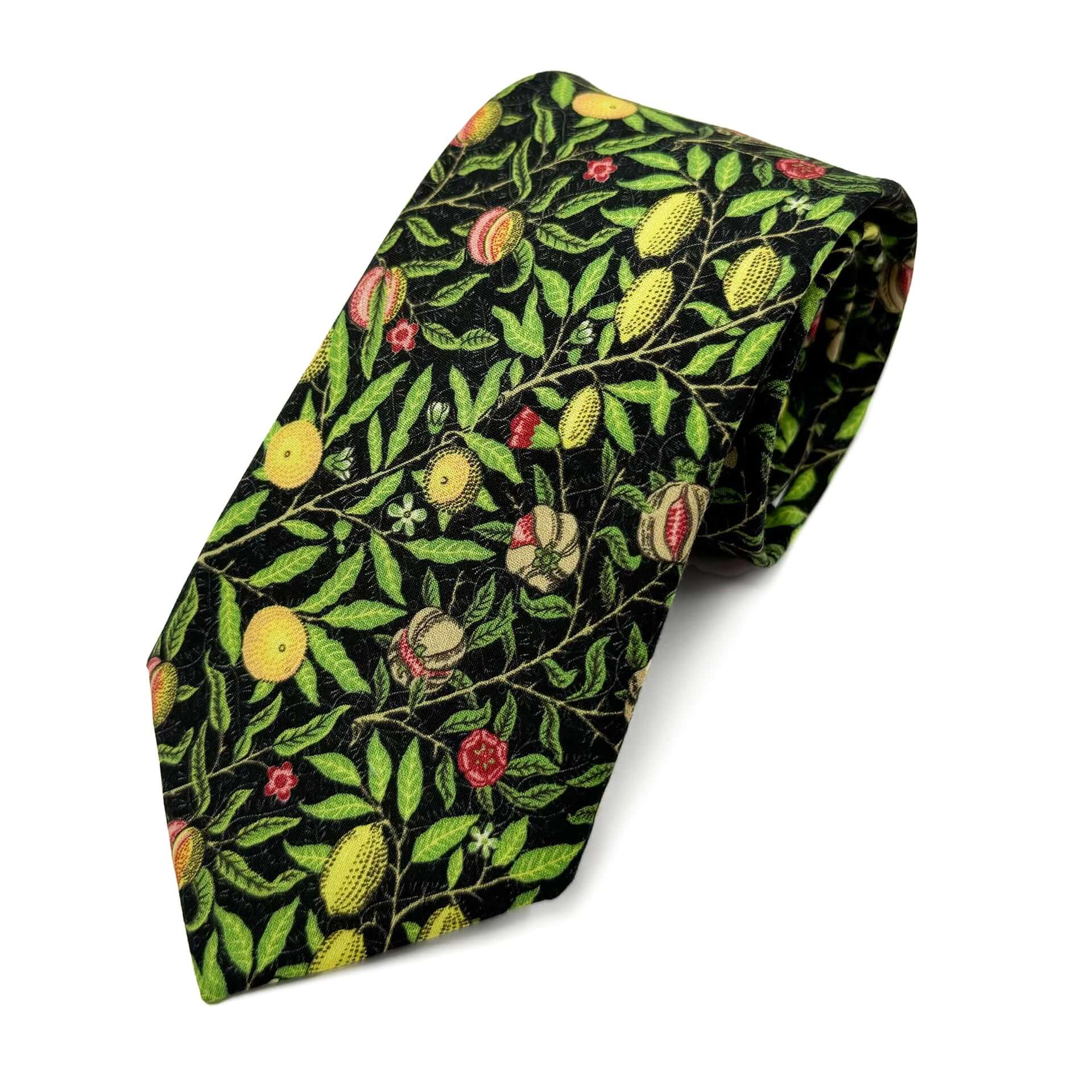 Pomegranate Noir men's tie with intricate botanical design in black and green, featuring vibrant fruits and foliage.