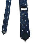 Navy blue polyester tie with small white flamingo patterns, designed by Crossrow London for a formal look.