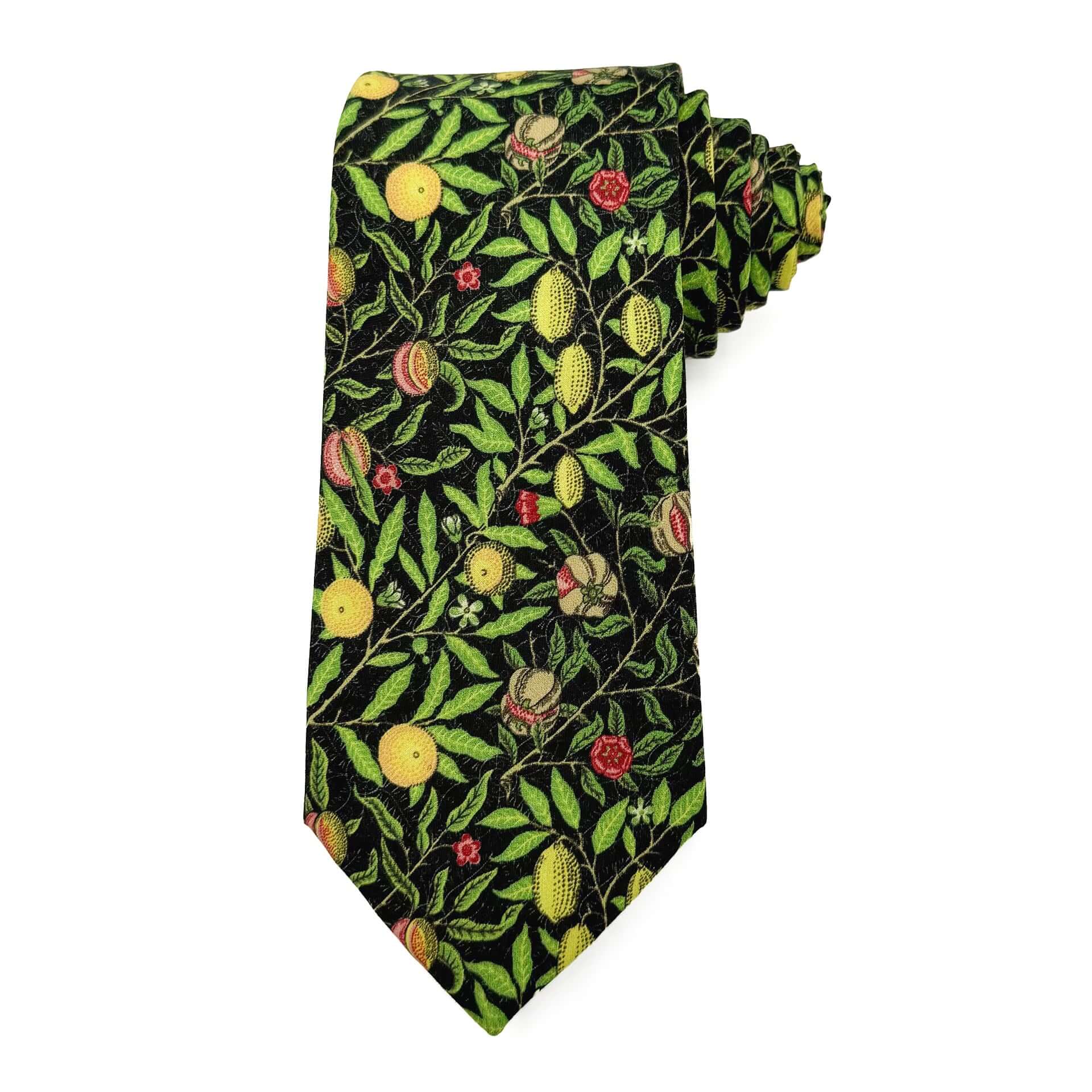 Pomegranate Noir men's tie featuring botanical detailing in gold and deep green on a black background.