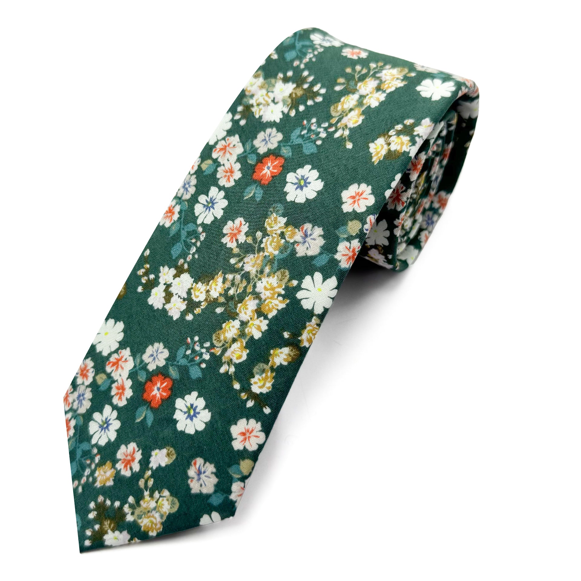 Green floral cotton tie with botanical print, soft matte finish, perfect for spring and summer occasions.