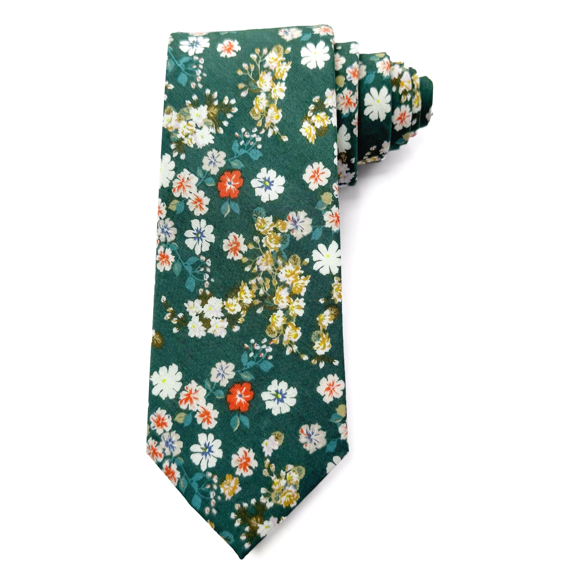 Green cotton tie with colorful floral pattern inspired by British countryside, perfect for spring and summer wear