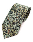 Willow Noir men's tie featuring intricate black and sage-green leaves, perfect for formal wear and autumn occasions.