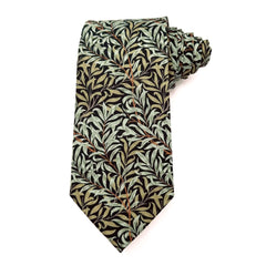 Willow Noir men's tie featuring intricate green leaves on a black background, ideal for formal events and smart-casual looks.