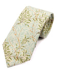 Willow Mist Men's Tie featuring soft pastel sage and cream with leaf motifs on a light mist background.