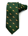 Forest green polyester tie with a repeating pattern of small orange birds for nature lovers and birdwatchers