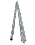 Regal paisley polyester tie with blue and gold pattern on beige backdrop, perfect for elevating formalwear.