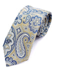 Regal paisley polyester tie in blue and gold against a beige background, showcasing a classic and sophisticated design.