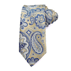 Blue paisley necktie with gold detailing.
