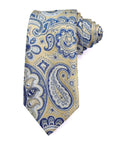 Regal Paisley Polyester Tie in blue and gold pattern on beige backdrop, perfect for elevating formalwear.