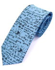 Light blue polyester tie with black mathematical equations and geometric shapes printed all over it.