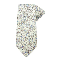 English Garden Mist - Cotton Tie featuring blue and lilac floral vines on a soft neutral background for spring formalwear.