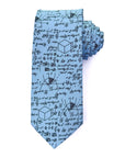 Light blue polyester tie with black mathematical equations and geometric shapes printed all over