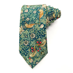 Strawberry Thief Teal Liberty Tana Lawn cotton tie, William Morris bird-and-strawberry print on a teal ground.