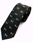 Black polyester tie featuring a repeating dachshund dog pattern, wrinkle-resistant and stylish for dog lovers.