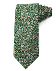Deep green cotton tie with intricate white blossoms and red clover floral pattern for elegant formalwear.