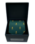 Green polyester tie with gold skull and crossbones pattern in a black gift box with a clear window panel.