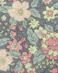 Close-up of Garden Dusk cotton tie showing blush, peach, sage, and ivory floral pattern on charcoal background.