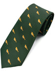 Forest green polyester tie with a repeating small bird pattern designed for birdwatching enthusiasts.