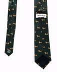 Black polyester tie with repeated dachshund dog pattern, elegant and playful design for dog lovers.