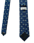 Navy slim polyester tie with small bicycle pattern, perfect for cycling enthusiasts and stylish occasions.