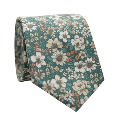 Forest green cotton tie with white and brown floral pattern inspired by woodland and botanical designs.