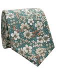 Forest green cotton tie with white and brown floral pattern inspired by woodland and botanical designs.