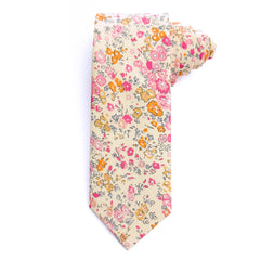 Cotswold Bloom tie with a floral pattern in pink, orange, and yellow on a beige background.