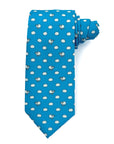 Blue polyester tie with playful sheep and fluffy white clouds pattern on vibrant sky-blue background