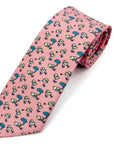 Pink polyester tie with playful white sheep and blue "counting" clouds pattern, perfect for novelty fashion accessory.