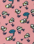 Close-up of pink polyester tie featuring cute white sheep and blue thought bubbles with numbers 1-2-3 in a playful pattern.