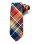 Plaid tie with red, blue, and orange colors on a white background