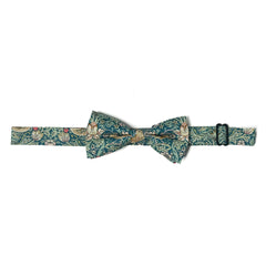 Strawberry Thief Teal kids' Liberty print cotton bow tie, William Morris bird-and-strawberry design.