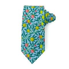 tie with yellow and pink fruit pattern on a blue background, 3 inches wide, 58 inches long, 100% cotton.
