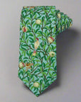 William Morris tie with green foliage and bird design, 3" wide, 58" long, 100% cotton.