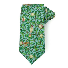 William Morris's Verdant Aviary men's tie featuring intricate bird and foliage design.